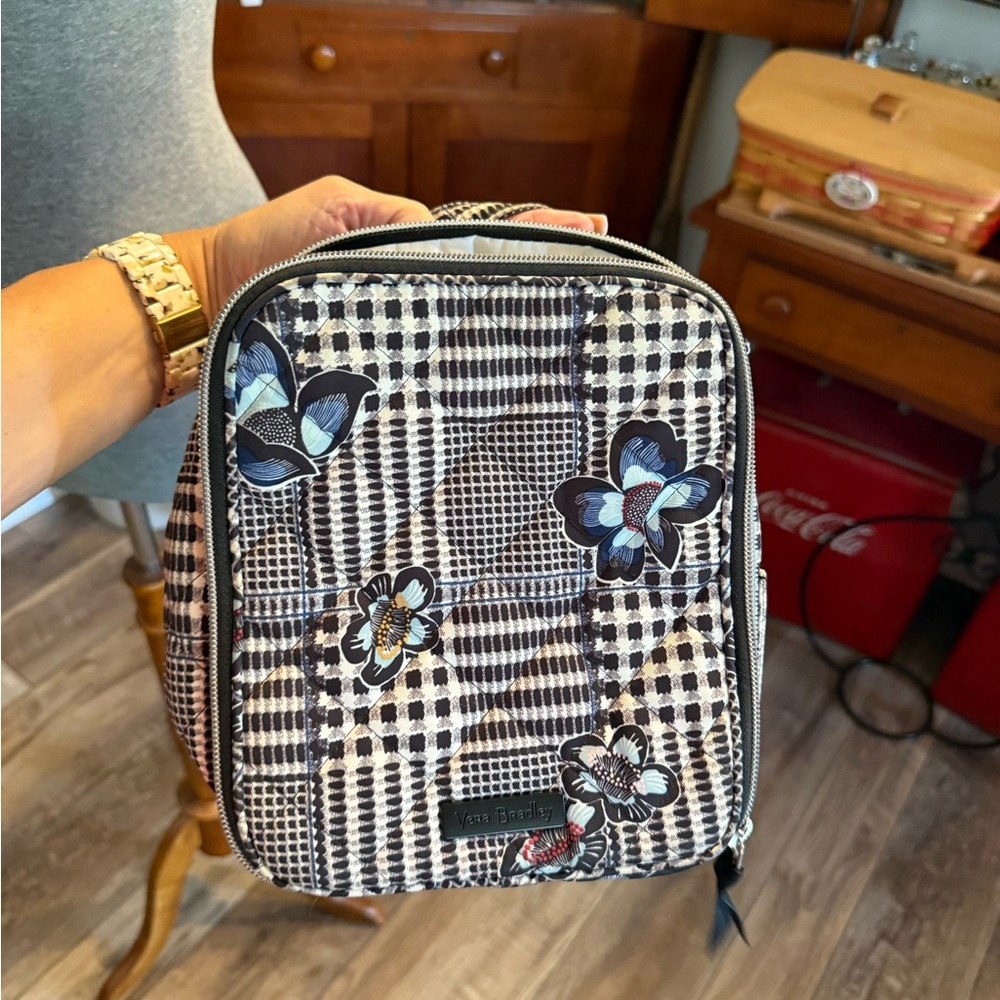 Vera Bradley Black and White Checkered Cosmetic Bag with Butterfly Design